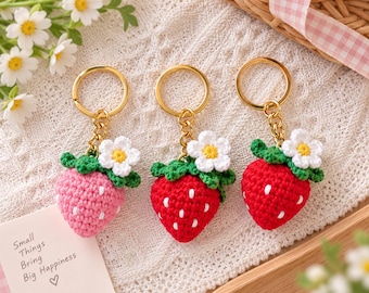 Crochet Strawberry Key Chain, Crochet Cherry Flower Key Ring, Handmade Crochet Pendant, Women Floral Bag Accessory, Gift for Friends