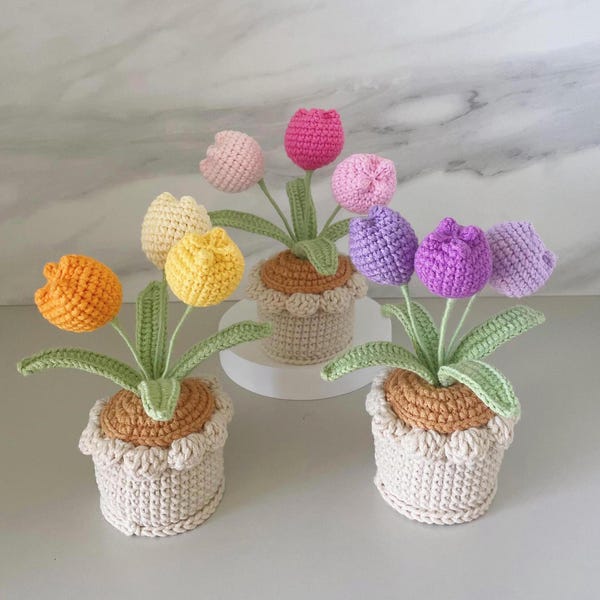 Handmade Crochet Tulip Flower Pot, Pink, Purple, Orange, or Blue, Cute Gift for Her, Girlfriend, Friend, Colleague, Crochet Flower Bouquet