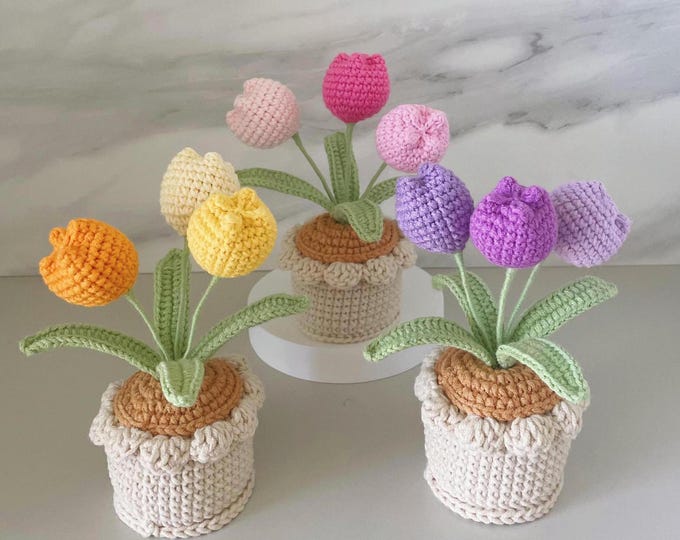 Handmade Crochet Tulip Flower Pot, Pink, Purple, Orange, or Blue, Cute Gift for Her, Girlfriend, Friend, Colleague, Crochet Flower Bouquet