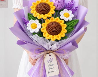 Crochet Sunflower Bouquet, Handmade Crochet Flowers, Purple Tulip and Daisy Bouquet, Birthday Gift for Her, Graduation Gift, Forever Flowers
