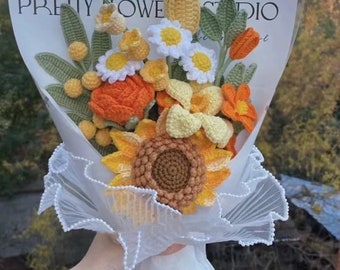Cadeau tournesol de remise des diplômes|Fleurs au crochet|Fleurs tricotées à la main|Bouquet de fleurs au crochet|Cadeau de remise des diplômes|Cadeau pour la fête des mères|Cadeau d'anniversaire