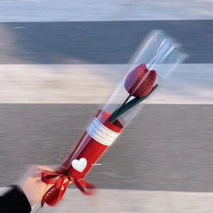 K&ouml;nnte beinhalten: Eine geh&auml;kelte rote Tulpenblume in einer transparenten Plastikh&uuml;lle, verpackt in rotem Papier und mit einem roten Band gebunden. Auf dem roten Papier befindet sich ein wei&szlig;er Herzaufkleber. Auf dem Band steht das Wort "ETERNAL".