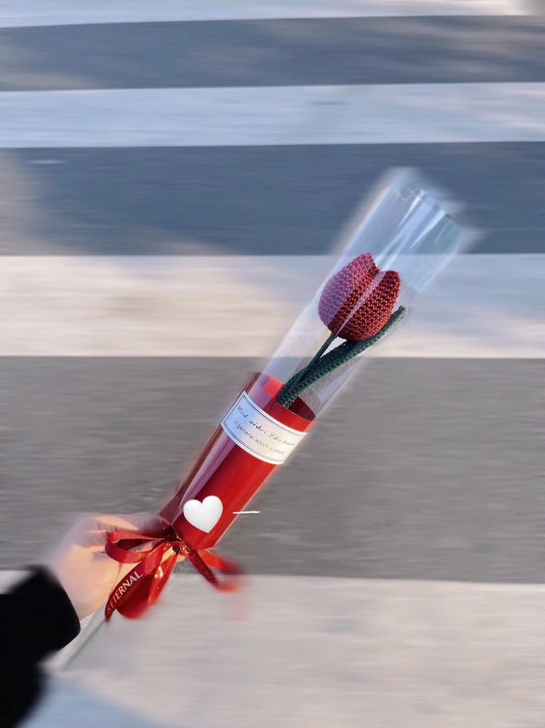 K&ouml;nnte beinhalten: Eine geh&auml;kelte rote Tulpenblume in einer transparenten Plastikh&uuml;lle, verpackt in rotem Papier und mit einem roten Band gebunden. Auf dem roten Papier befindet sich ein wei&szlig;er Herzaufkleber. Auf dem Band steht das Wort "ETERNAL".