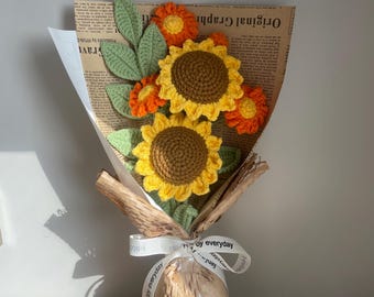Crochet Sunflower, Crochet Flower, Crochet Flower Bouquet Gift, Crochet Flower Desk Decor, Gift for Mom, Her, Colleague, Sendoff, Friend