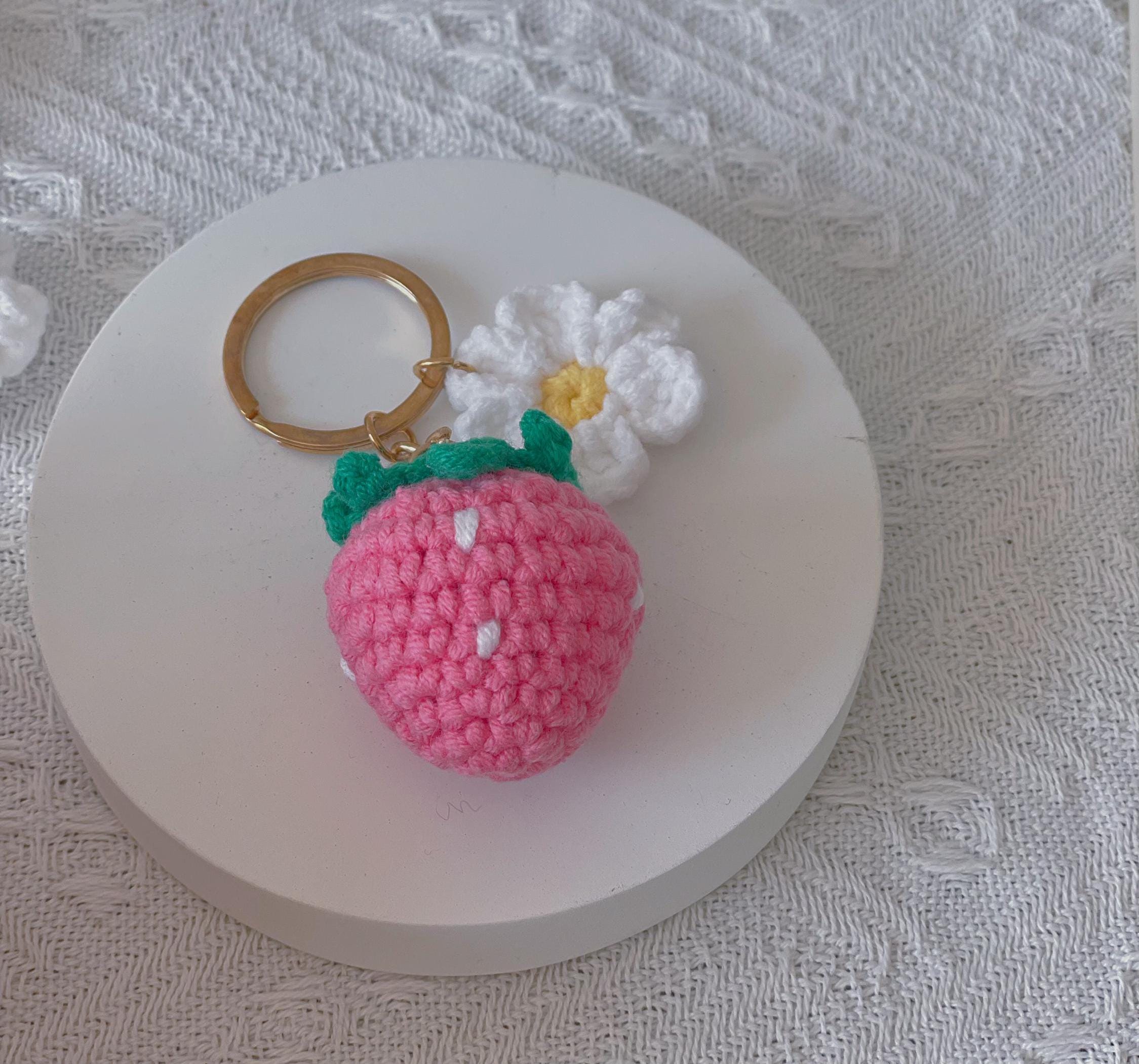 Crochet Strawberry Key Chain, Crochet Cherry Flower Key Ring, Handmade ...
