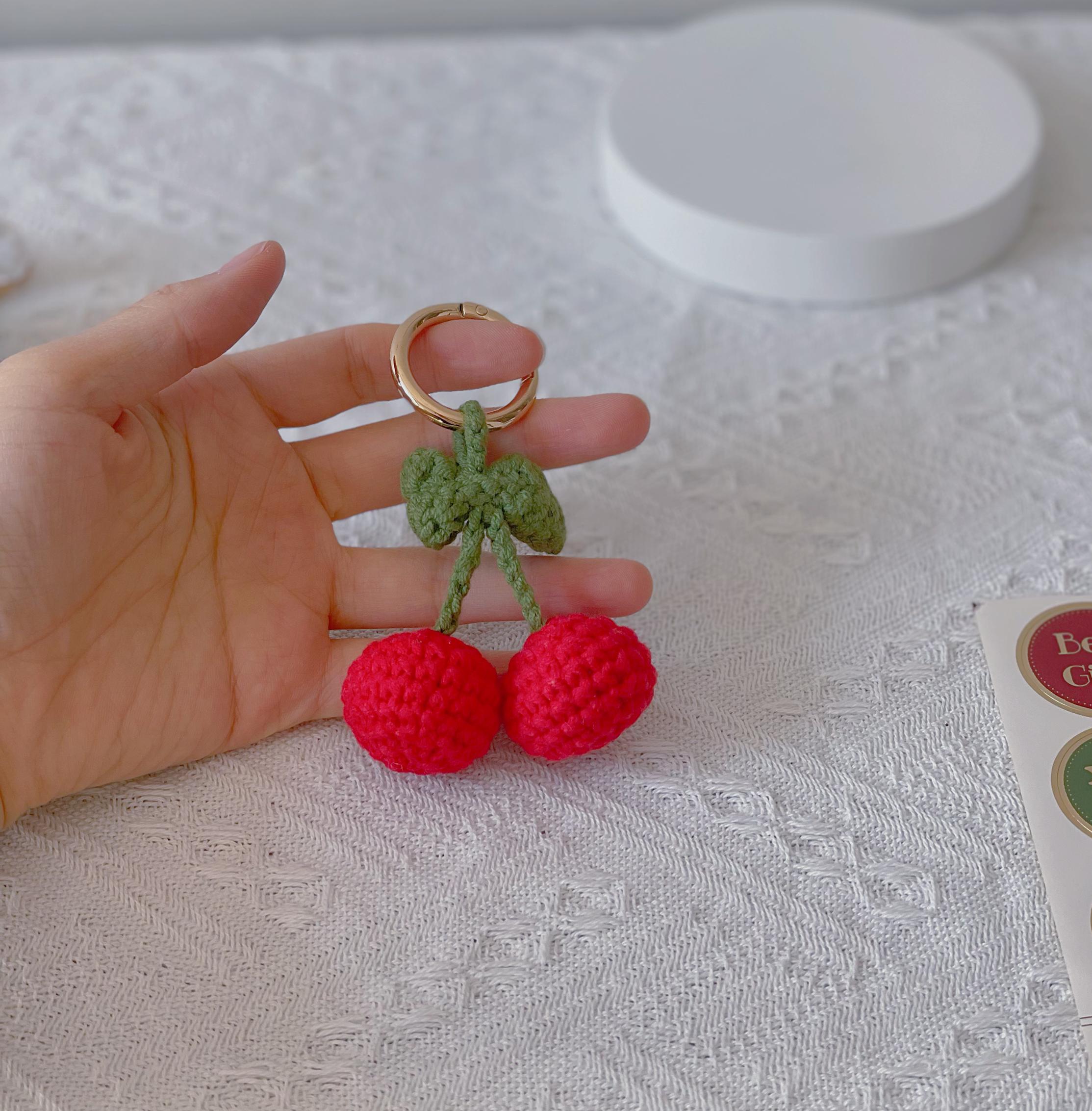 Crochet Strawberry Key Chain, Crochet Cherry Flower Key Ring, Handmade ...