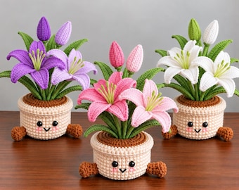 Crochet Lily Flower Pot, Handmade Crochet Flowers, Cute Potted Plant, Birthday Gift for Her, Mother's Day Gift, Desk Decor