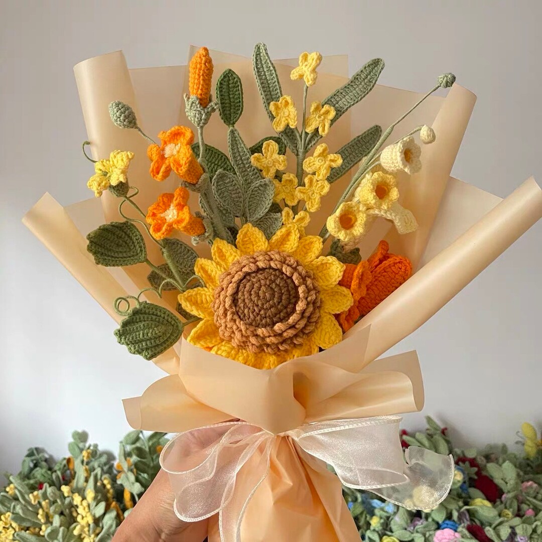 Crochet Flower Bouquet, Handmade Sunflowers, Knitted Tulip Flower
