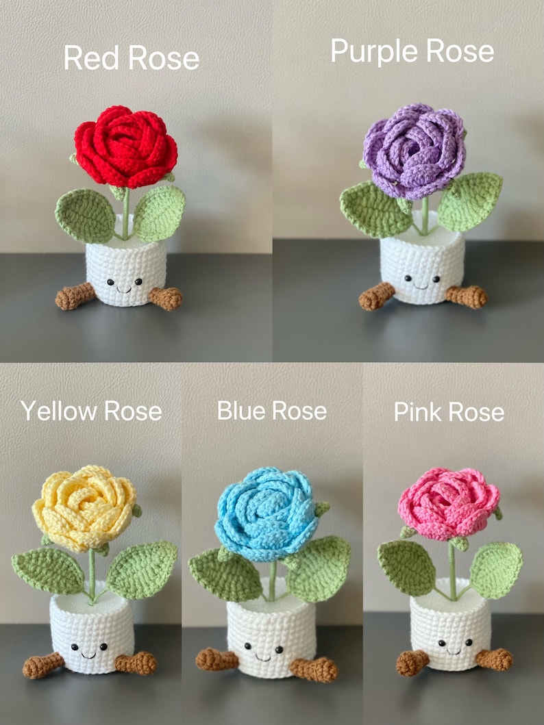 May include: Crocheted rose plants in red, purple, yellow, blue, and pink. Each flower sits in a white pot with a smiling face and brown feet. The text above each plant indicates the rose color.