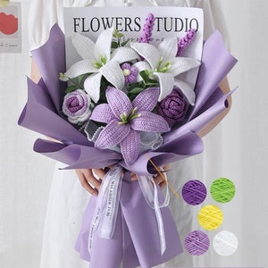 Handgefertigtes Häkelblumenstrauß - Weiß, Lila, Rosa, Gelb - Einzigartiges Geschenk für Sie, Kollege, Freund, Vatertag, Häkelblumenstrauß