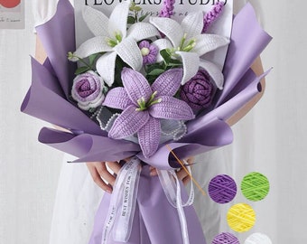 Ramo de lirios de crochet hecho a mano (blanco, morado, rosa y amarillo): regalo único para ella, amiga o para el Día de la Madre.