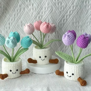 Handmade Crochet Tulip Flower Pot, Pink, Purple, Orange, or Blue, Cute Gift for Mom, Girlfriend, Friend,,Crochet Rose Tulip Bouquet