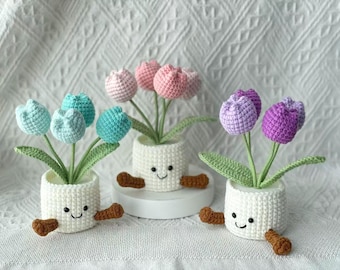 Handmade Crochet Tulip Flower Pot, Pink, Purple, Orange, or Blue, Cute Gift for Mom, Girlfriend, Friend,,Crochet Rose Tulip Bouquet