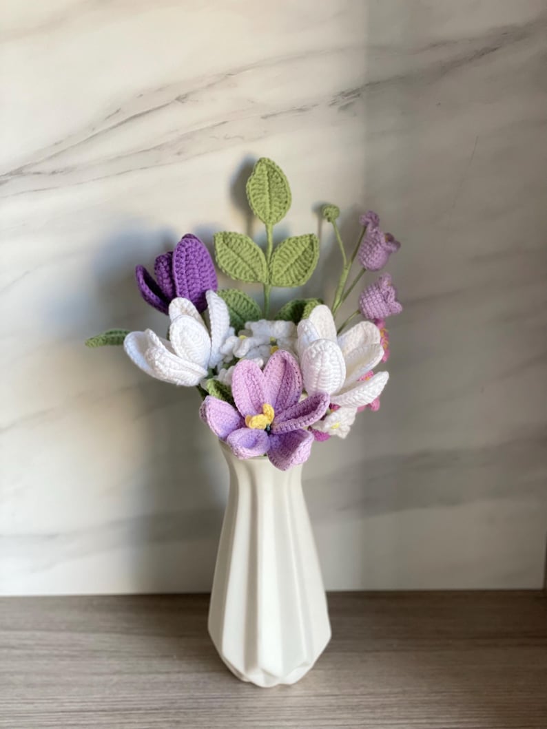 Crochet Flowers, Crochet Tulips Rose, Crochet Flower Bouquet, Knitted Flowers, Gift for Girlfriend, Mom, Birthday,Crochet Pink Purple Tulips Style E