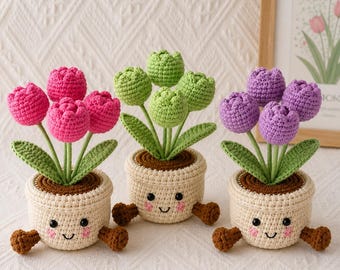 Handmade Crochet Tulip Flower Pot, Pink, Purple, Orange, Cute Gift for Mom, Girlfriend, Friend,Crochet Rose Bouquet, Birthday Gift