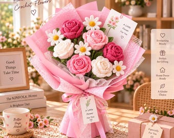 Crochet Rose Bouquet, Handmade Pink Flowers, Forever Rose Bouquet, Birthday Gift for Her, Anniversary Gift, Crochet   Flowers,Christmas