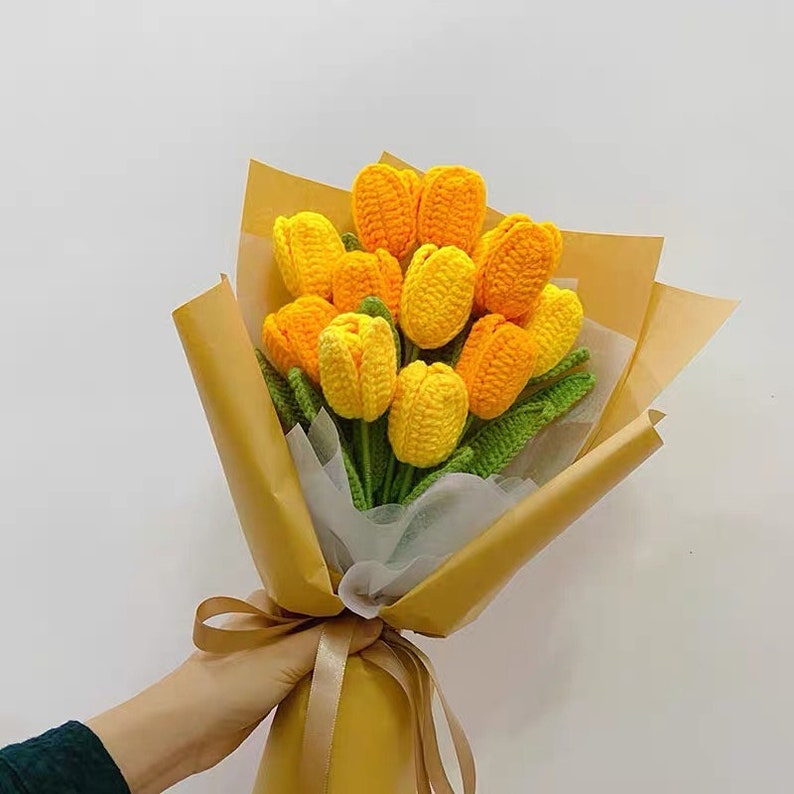 11 pcs Tulip Crochet Flowers, Personalized Handmade Flowers, Crochet Bouquet Flowers, Spring Flowers,Flower Bouquet, Crochet Kit,Mom's Gift Yellow