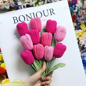 11 pcs Tulip Crochet Flowers, Personalized Handmade Flowers, Crochet Bouquet Flowers, Spring Flowers,Flower Bouquet, Crochet Kit,Mom's Gift Pink
