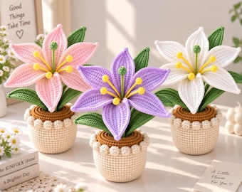Crochet Lily Flower Pot, Handmade Crochet Flowers, Potted Lily Plant, Forever Flower Decor, Cute Desk Decor, Birthday Gift for Her