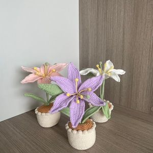 Handgemachter gehäkelter Lilien Blumentopf - Rosa, Lila, Weiß - Nettes Geschenk für Sie, Freundin, Freund, Kollege, gehäkelter Blumenstrauß