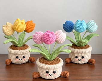 Crochet Tulip Flower Pot, Handmade Crochet Flowers, Cute Desk Decor, Colorful Tulip Plant, Gift for Her, Birthday Gift, Home Decor