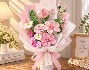 Crochet Flower Bouquet, Handmade Forever Flowers, Pink Crochet Bouquet, Birthday Gift for Her, Girlfriend Gift, Anniversary Gift, Home Decor
