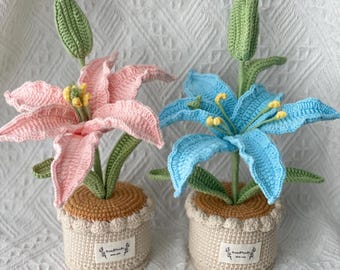 Handmade Crochet Lily Flower Pot – Pastel Floral Arrangement