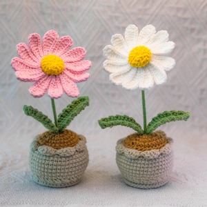 Puede incluir: Dos flores de margarita de ganchillo en macetas pequeñas. Una flor es rosa, la otra blanca, ambas con centros amarillos. Los tallos verdes tienen hojas verdes. Las macetas son de color marrón claro y gris.