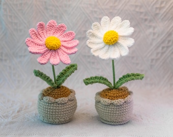 Handmade Crochet Daisy Flower Pot: Everlasting Cotton Bouquet