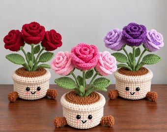 Crochet Rose Flower Pot, Handmade Crochet Flowers, Cute Desk Decor, Gift for Her, Birthday Gift, Mother’s Day Gift, Teacher Gift