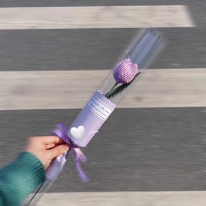 K&ouml;nnte beinhalten: Eine einzelne, handgefertigte, lavendelfarbene H&auml;keltulpe in einer transparenten Zellophanverpackung. Der Stiel ist gr&uuml;n, und die Blume ist mit einem lavendelfarbenen Band und einem wei&szlig;en herzf&ouml;rmigen Aufkleber gebunden. Die Verpackung tr&auml;gt den Text "a general which is seen".