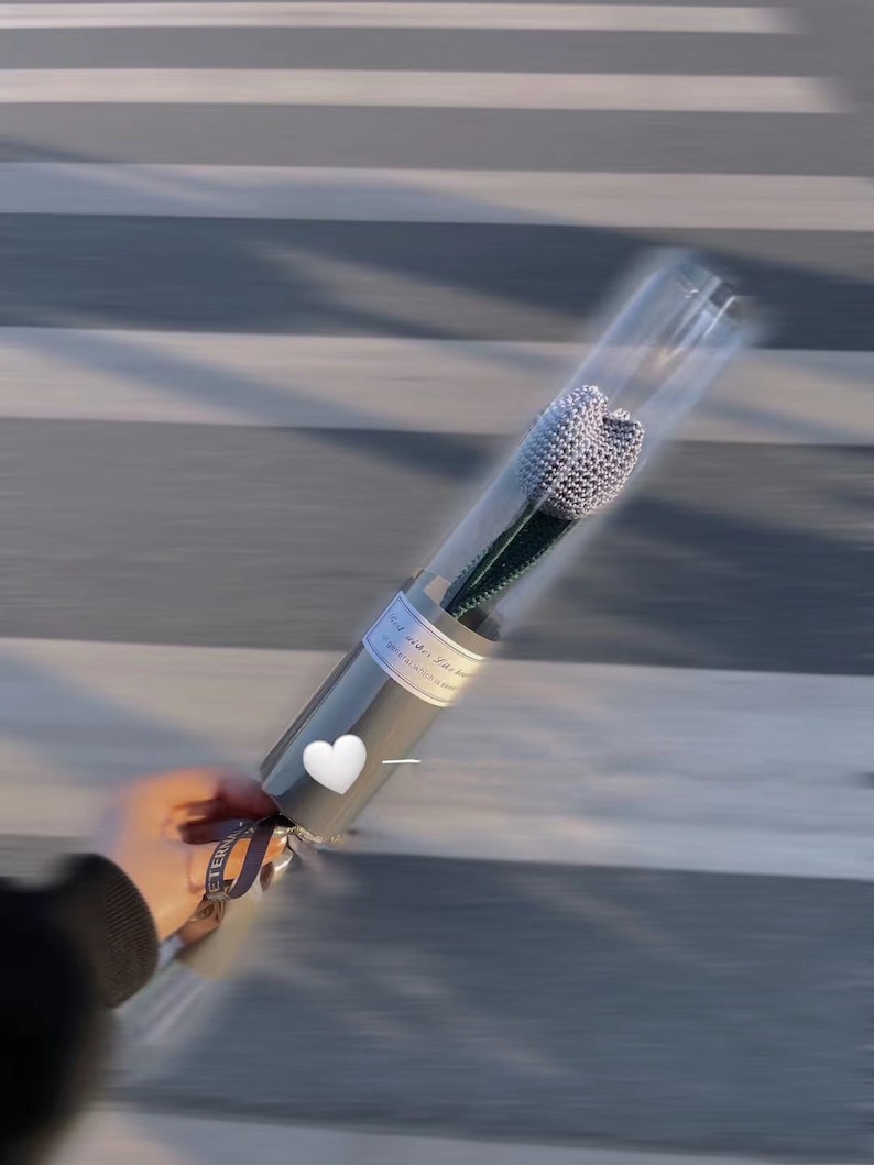 K&ouml;nnte beinhalten: Eine einzelne, silberne, perlenbesetzte Blume in einer transparenten Plastikh&uuml;lle, verpackt in grauem Papier mit einem wei&szlig;en Herzaufkleber. Der Stiel ist gr&uuml;n. Ein Band mit Text ist um die Basis gebunden.