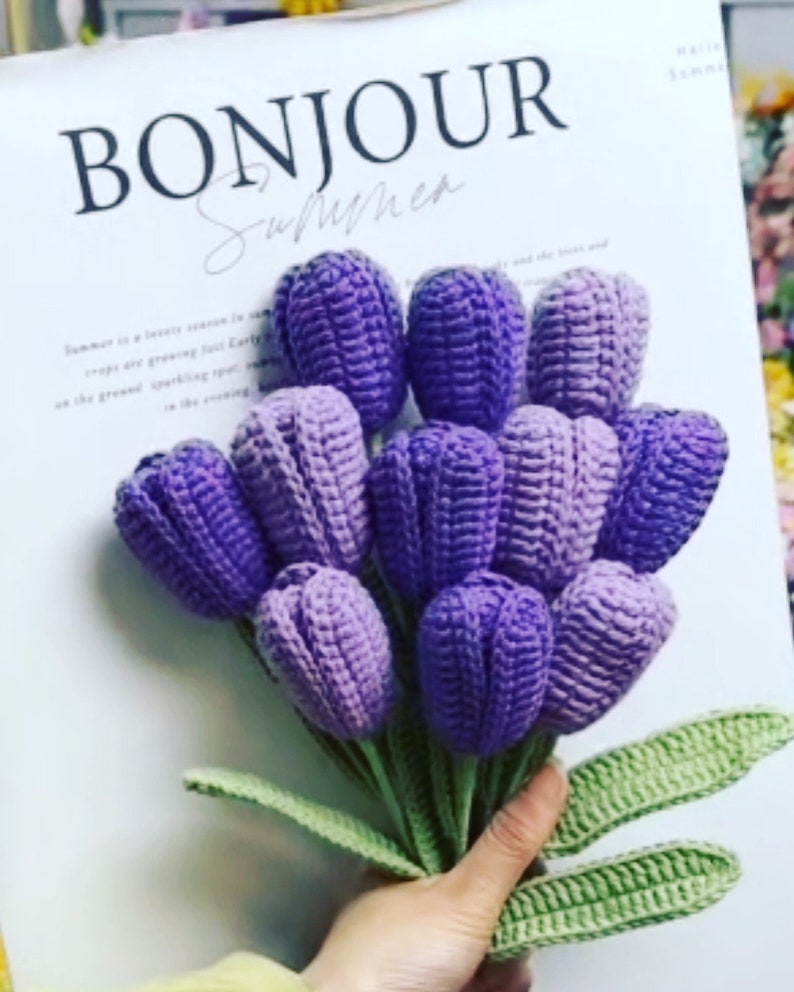 11 pcs Tulip Crochet Flowers, Personalized Handmade Flowers, Crochet Bouquet Flowers, Spring Flowers,Flower Bouquet, Crochet Kit,Mom's Gift Purple