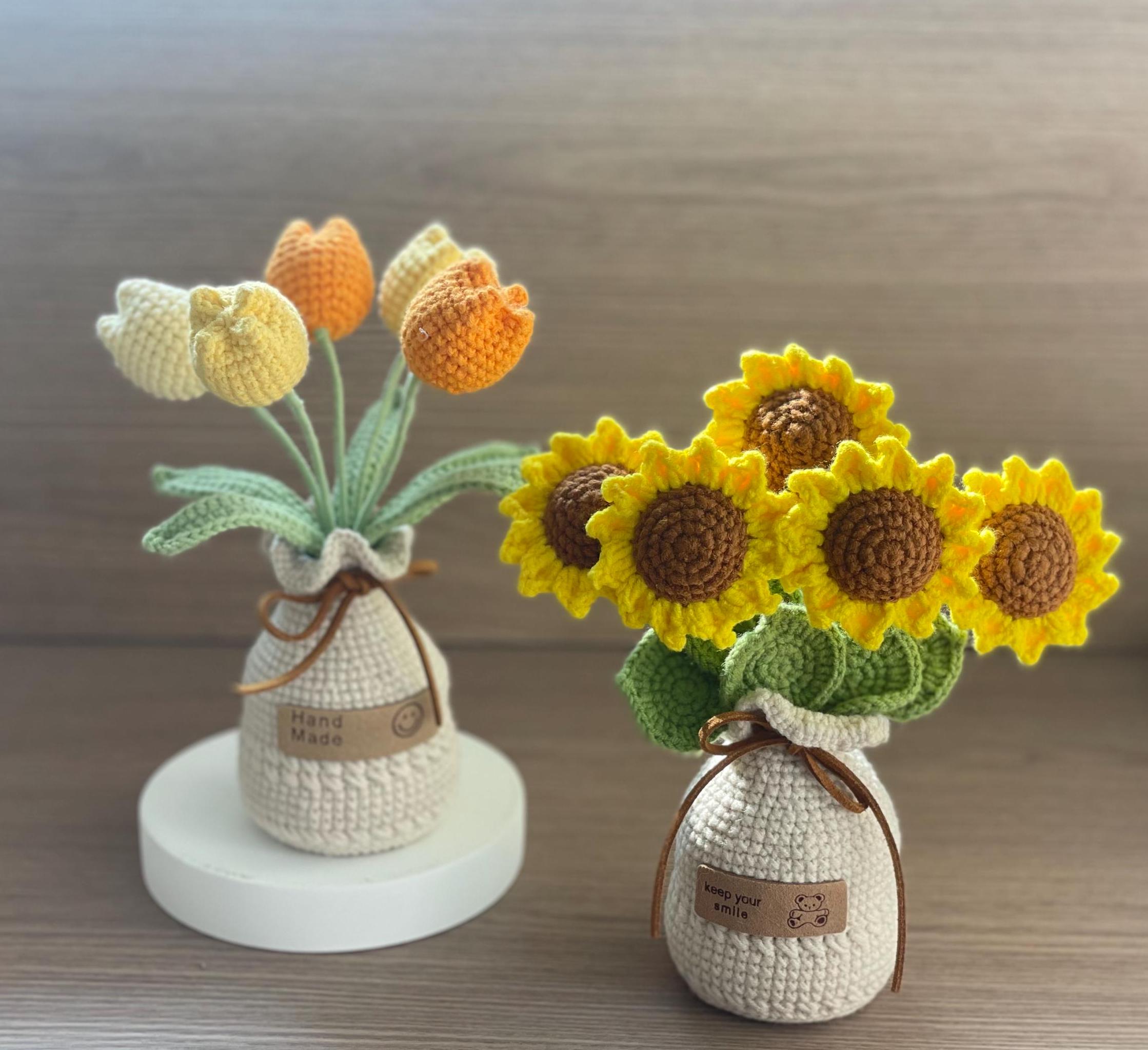 Crochet Flower in Pot, Crochet Pink Tulip, Home Decoration, Crochet