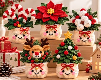 Christmas Crochet Plant Pot, Handmade Christmas Decor, Cute Crochet Reindeer, Christmas Tree, Holiday Desk Decor, Gift for Her