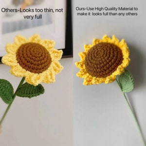 May include: Two crocheted sunflowers, one with a thinner, less full center and the other with a fuller center. The caption reads "Others-Looks too thin, not very full" and "Ours-Use High Quality Material to make it looks full than any others".