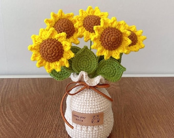 Crochet Flower in Pot, Crochet Pink Tulip, Home Decoration, Crochet Sunflowers, Birthday Gift for Girlfriend, Mom, Crochet Gifts, Flower Pot