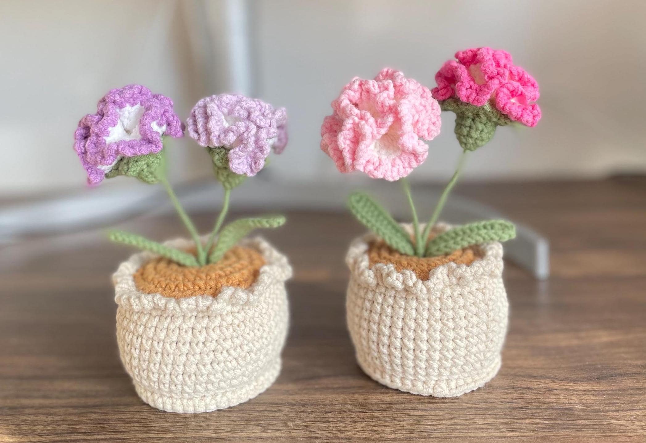 かぎ針編みのカーネーション植木鉢：手作りのデスクデコレーション