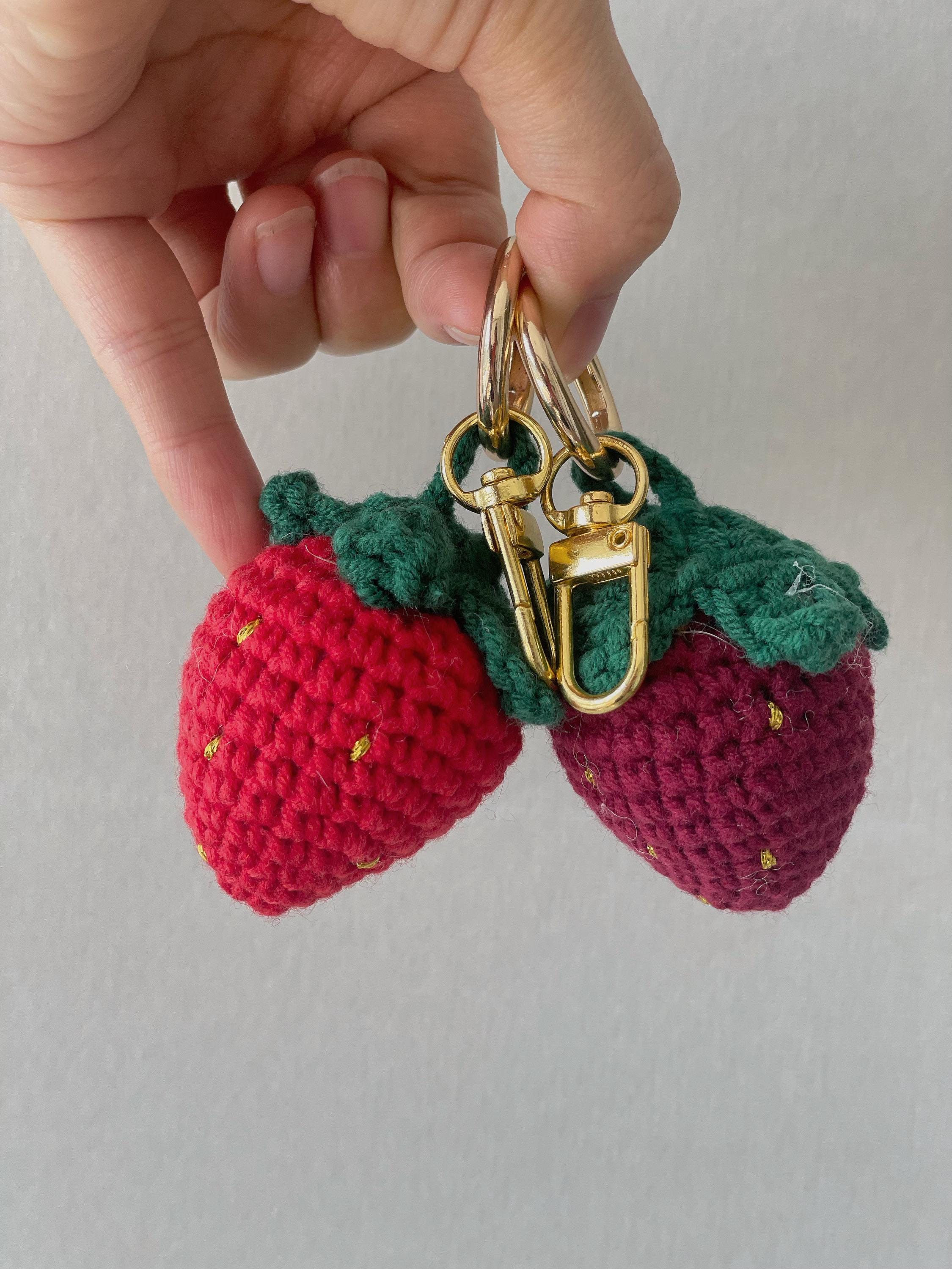 Crochet Strawberry Key Chain, Crochet Cherry Flower Key Ring, Handmade ...