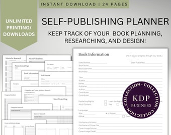 Könnte beinhalten: Ein Self-Publishing-Planer mit dem Text "Sofort-Download | 24 Seiten" und "Unbegrenztes Drucken/Downloads". Der Planer enthält Abschnitte für Buchinformationen, Recherche und Design. Das Logo der KDP Business Collection ist sichtbar.