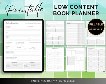 Könnte beinhalten: Druckbarer Low-Content-Buchplaner mit Abschnitten für Buchinformationen, Wettbewerbs- und Zielgruppenforschung, Keyword-Recherche, Buchprojekt-Logbuch, Cover- und Innendesign sowie Abonnentenforschung. Der Planer ist mit "Fillable Printable" gekennzeichnet.