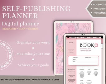 May include: A digital planner for self-publishing a book. The planner is open on a tablet screen and includes sections for research, planning, design, notes, and guides. The planner is pink and white with floral illustrations. The text on the screen reads "BOOK: Channeling ideas. Creating with ease."