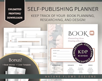 May include: A printable self-publishing planner with a pink floral design. The planner includes sections for book planning, research, design, and affirmations. The text "Book Channeling ideas. Creating with ease." is featured on the cover. The text "KDP Business Collection" is also featured on the cover.
