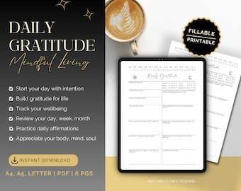 Peut inclure: Journal de gratitude quotidien imprimable avec un design noir et blanc. Le journal comprend des sections pour l'humeur, les intentions, les affirmations et la gratitude. Le journal est disponible en formats A4, A5 et Letter.