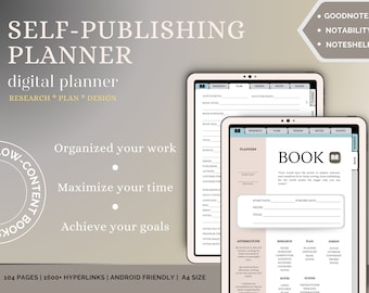 May include: A digital planner for self-publishing a book. The planner is displayed on a tablet screen and includes sections for research, planning, design, notes, and guides. The planner is designed to help authors organize their work, maximize their time, and achieve their goals. The planner is 104 pages long and includes 1600 hyperlinks. It is also Android friendly and is A4 size.