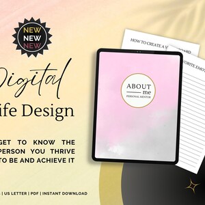 May include: Digital Life Design workbook with a pink and gray cover featuring the text "ABOUT me PERSONAL MENTOR". The workbook includes pages for creating a vision board and listing favorite emotions.