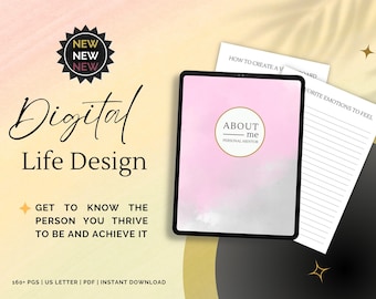 May include: Digital Life Design workbook with a pink and gray cover featuring the text "ABOUT me PERSONAL MENTOR". The workbook includes pages for creating a vision board and listing favorite emotions.