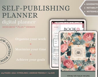 May include: A digital planner for self-publishing a book. The planner is open on a tablet with a floral design. The planner includes sections for research, planning, design, and notes. The text "WHERE THE MAGIC BEGINS" is at the bottom of the image.