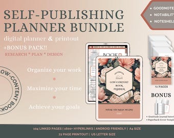 May include: A digital planner bundle for self-publishing a low-content book. The bundle includes a 104-page digital planner with 1600+ hyperlinks, a 72-page printable planner, and a bonus pack with a gratitude journal interior and paperback cover template. The planner features a floral design with the text "The Complete Low-Content Book Planner" and "Where the Magic Begins".