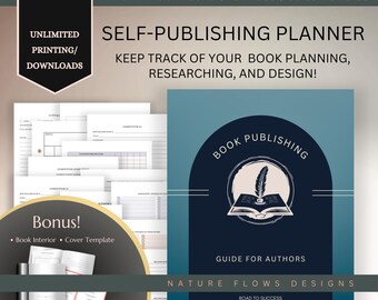 May include: A blue and white printable planner for self-publishing authors. The planner includes 71 pages and is designed to help authors keep track of their book planning, researching, and design. The cover features a stylized illustration of a book with a quill pen and the text "Book Publishing Guide for Authors".